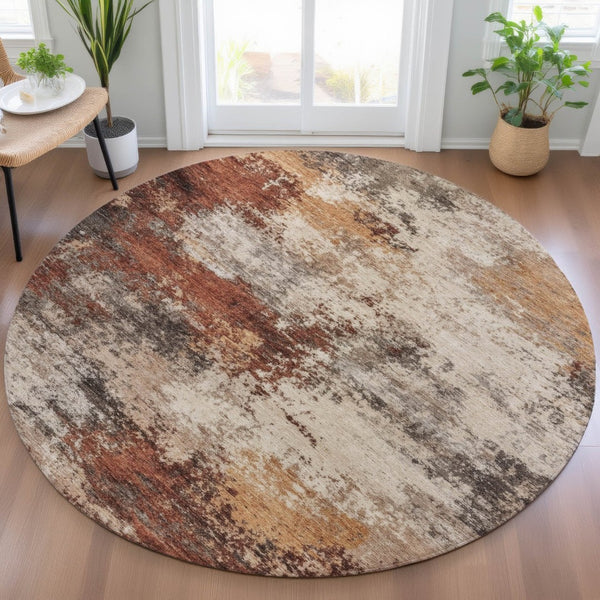 HomeRoots 5' Abstract Rust and Beige Area Rug - Durable, Washable Indoor/Outdoor Design for All Spaces 8' Round 630629