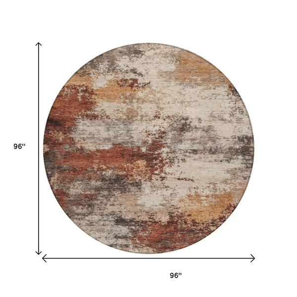 HomeRoots 5' Abstract Rust and Beige Area Rug - Durable, Washable Indoor/Outdoor Design for All Spaces 8' Round 630629