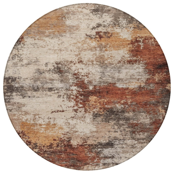 HomeRoots 5' Abstract Rust and Beige Area Rug - Durable, Washable Indoor/Outdoor Design for All Spaces 8' Round 630629