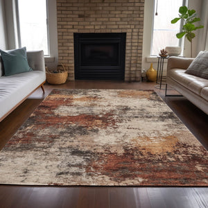 HomeRoots 5' Abstract Rust and Beige Area Rug - Durable, Washable Indoor/Outdoor Design for All Spaces 8' X 10' 630630