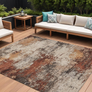 HomeRoots 5' Abstract Rust and Beige Area Rug - Durable, Washable Indoor/Outdoor Design for All Spaces 10' X 14' 630632