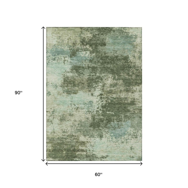 HomeRoots 5' Artichoke Green and Aqua Abstract Area Rug – Stylish, Washable, Indoor-Outdoor Design for Any Space 5' X 8' 630634