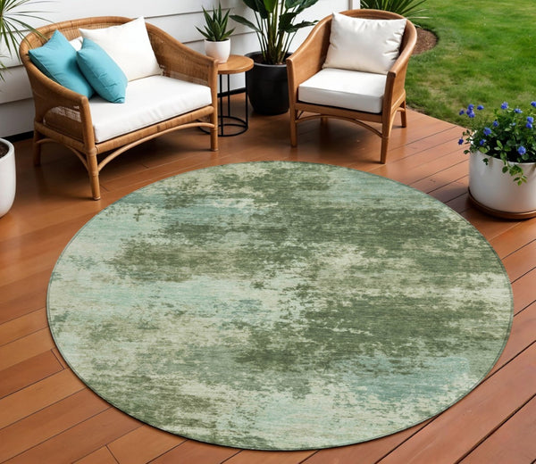 HomeRoots 5' Artichoke Green and Aqua Abstract Area Rug – Stylish, Washable, Indoor-Outdoor Design for Any Space 8' Round 630635