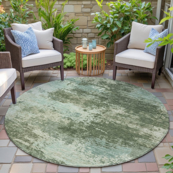 HomeRoots 5' Artichoke Green and Aqua Abstract Area Rug – Stylish, Washable, Indoor-Outdoor Design for Any Space 8' Round 630635