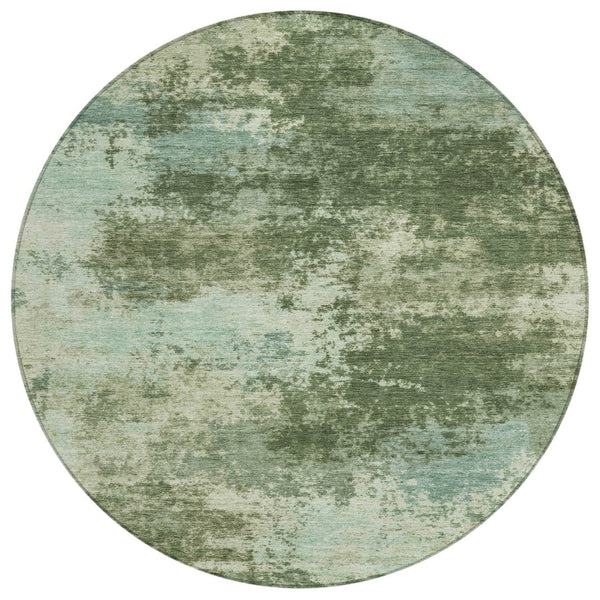 HomeRoots 5' Artichoke Green and Aqua Abstract Area Rug – Stylish, Washable, Indoor-Outdoor Design for Any Space 8' Round 630635