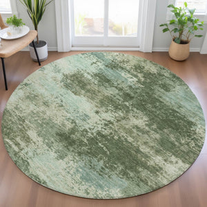 HomeRoots 5' Artichoke Green and Aqua Abstract Area Rug – Stylish, Washable, Indoor-Outdoor Design for Any Space 8' Round 630635