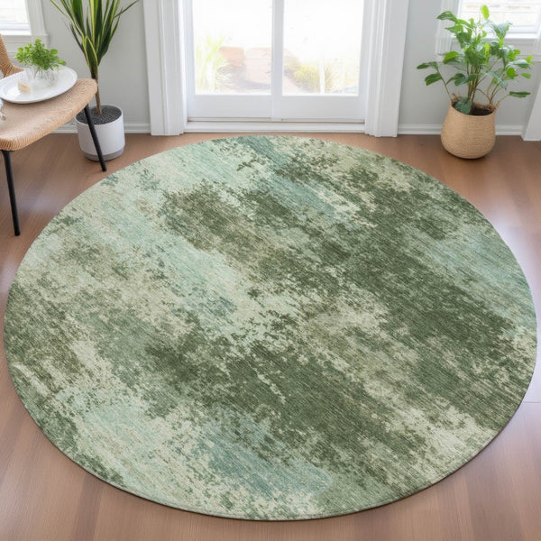HomeRoots 5' Artichoke Green and Aqua Abstract Area Rug – Stylish, Washable, Indoor-Outdoor Design for Any Space 8' Round 630635