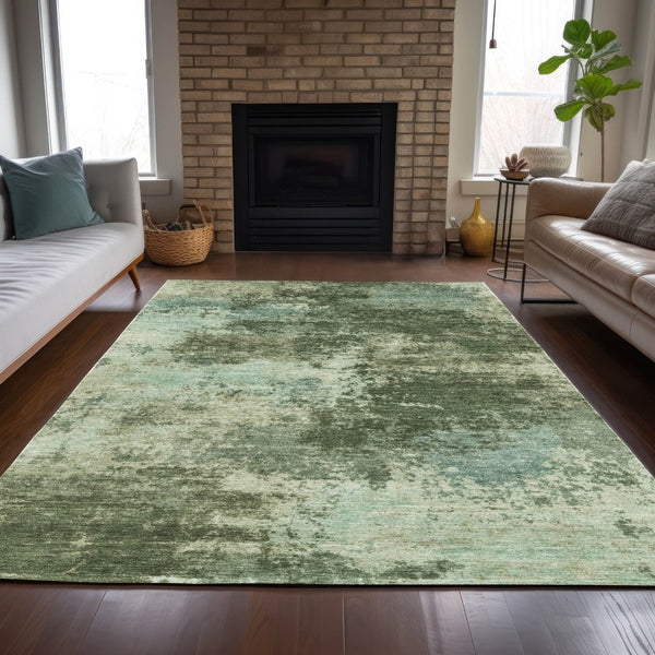 HomeRoots 5' Artichoke Green and Aqua Abstract Area Rug – Stylish, Washable, Indoor-Outdoor Design for Any Space 9' X 12' 630637