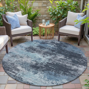 HomeRoots 5' Blue and Ivory Abstract Area Rug - Durable, Machine Washable for Indoor and Outdoor Spaces 8' Round 630641