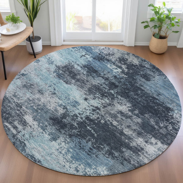 HomeRoots 5' Blue and Ivory Abstract Area Rug - Durable, Machine Washable for Indoor and Outdoor Spaces 8' Round 630641
