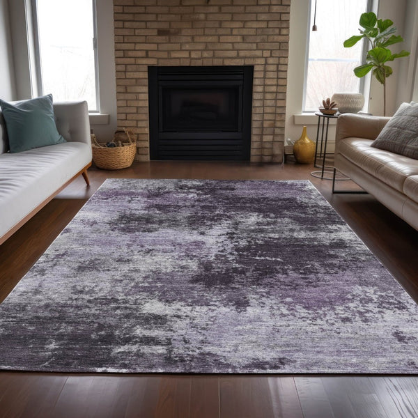 HomeRoots 5' Purple and Ivory Abstract Washable Area Rug - Stylish, Durable, Indoor/Outdoor Perfect for Any Space 10' X 14' 630650