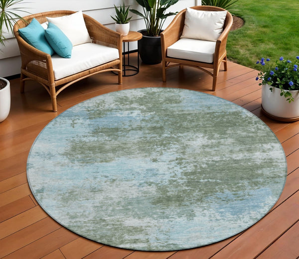 HomeRoots 5' Contemporary Abstract Area Rug in Sage and Denim Blue - Durable, Washable for Indoor & Outdoor Use 8' Round 630653