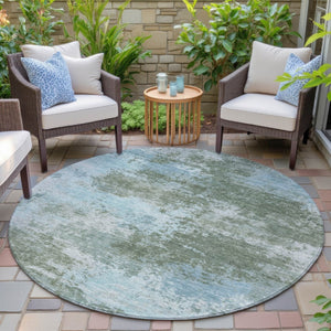 HomeRoots 5' Contemporary Abstract Area Rug in Sage and Denim Blue - Durable, Washable for Indoor & Outdoor Use 8' Round 630653