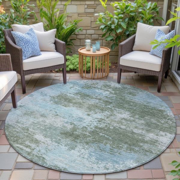 HomeRoots 5' Contemporary Abstract Area Rug in Sage and Denim Blue - Durable, Washable for Indoor & Outdoor Use 8' Round 630653
