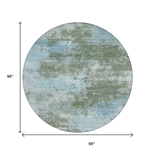 HomeRoots 5' Contemporary Abstract Area Rug in Sage and Denim Blue - Durable, Washable for Indoor & Outdoor Use 8' Round 630653