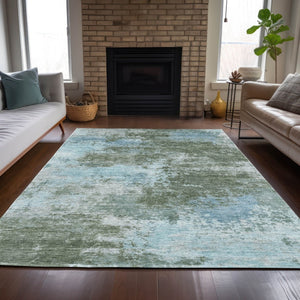 HomeRoots 5' Contemporary Abstract Area Rug in Sage and Denim Blue - Durable, Washable for Indoor & Outdoor Use 9' X 12' 630655