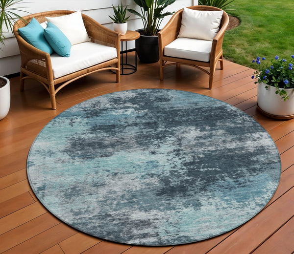 HomeRoots 5' Vibrant Teal and Navy Abstract Area Rug – Durable, Washable, Ideal for Indoor and Outdoor Spaces 8' Round 630659