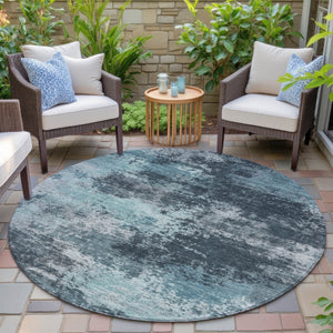 HomeRoots 5' Vibrant Teal and Navy Abstract Area Rug – Durable, Washable, Ideal for Indoor and Outdoor Spaces 8' Round 630659