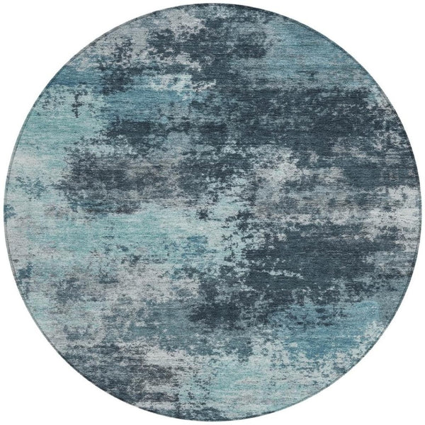 HomeRoots 5' Vibrant Teal and Navy Abstract Area Rug – Durable, Washable, Ideal for Indoor and Outdoor Spaces 8' Round 630659