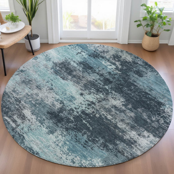 HomeRoots 5' Vibrant Teal and Navy Abstract Area Rug – Durable, Washable, Ideal for Indoor and Outdoor Spaces 8' Round 630659