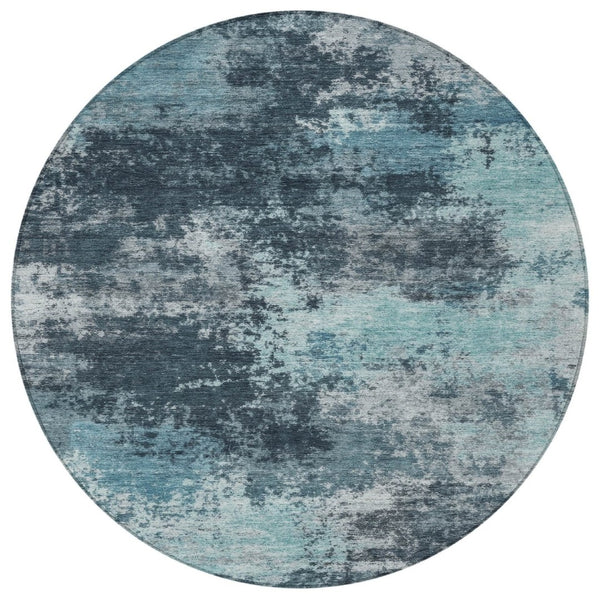 HomeRoots 5' Vibrant Teal and Navy Abstract Area Rug – Durable, Washable, Ideal for Indoor and Outdoor Spaces 8' Round 630659