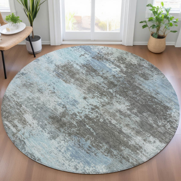 HomeRoots 5' Contemporary Taupe and Sky Blue Abstract Washable Area Rug for Indoor and Outdoor Spaces 8' Round 630665