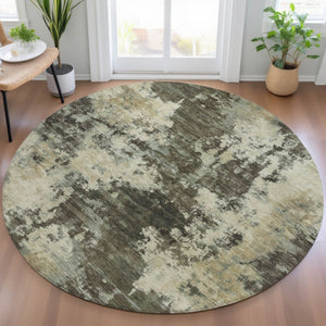 HomeRoots 5' Modern Brown and Beige Abstract Area Rug - Washable, Durable, Indoor/Outdoor Versatile Design 8' Round 630671