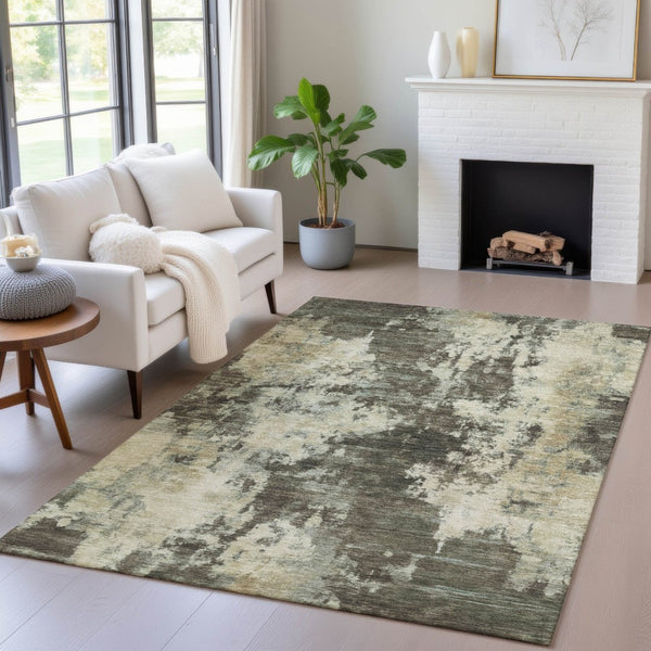 HomeRoots 5' Modern Brown and Beige Abstract Area Rug - Washable, Durable, Indoor/Outdoor Versatile Design 9' X 12' 630673