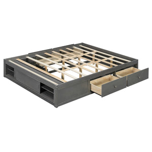 English Elm Queen Platform Bed with Four Storage Drawers Footboard Cubby Modern Low Profile Frame Gray LP000138AAE