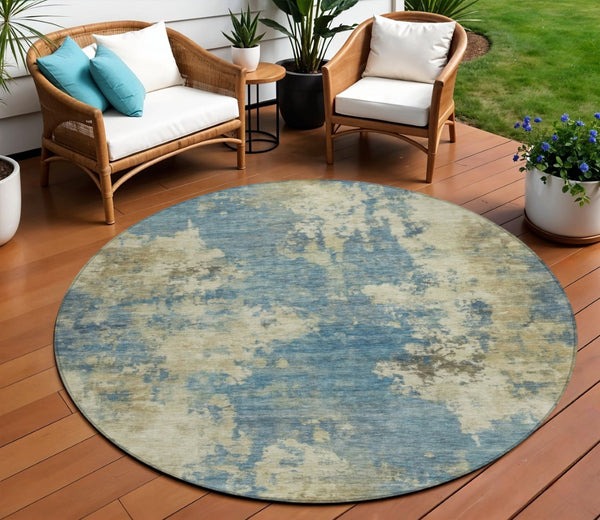 HomeRoots 5' Blue and Beige Abstract Area Rug - Stylish, Washable, Indoor/Outdoor, Durable Design for Any Space 8' Round 630677