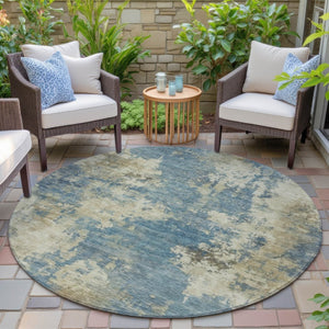 HomeRoots 5' Blue and Beige Abstract Area Rug - Stylish, Washable, Indoor/Outdoor, Durable Design for Any Space 8' Round 630677