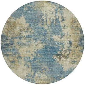 HomeRoots 5' Blue and Beige Abstract Area Rug - Stylish, Washable, Indoor/Outdoor, Durable Design for Any Space 8' Round 630677