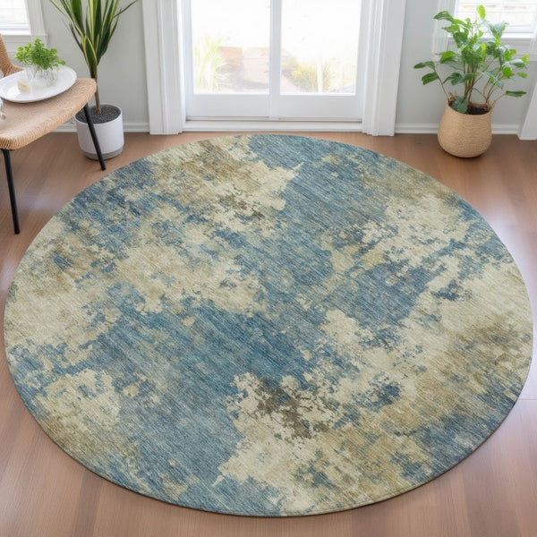 HomeRoots 5' Blue and Beige Abstract Area Rug - Stylish, Washable, Indoor/Outdoor, Durable Design for Any Space 8' Round 630677