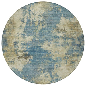 HomeRoots 5' Blue and Beige Abstract Area Rug - Stylish, Washable, Indoor/Outdoor, Durable Design for Any Space 8' Round 630677