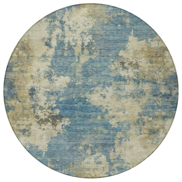 HomeRoots 5' Blue and Beige Abstract Area Rug - Stylish, Washable, Indoor/Outdoor, Durable Design for Any Space 8' Round 630677
