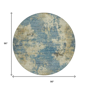 HomeRoots 5' Blue and Beige Abstract Area Rug - Stylish, Washable, Indoor/Outdoor, Durable Design for Any Space 8' Round 630677