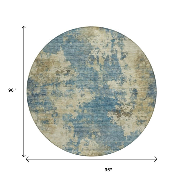 HomeRoots 5' Blue and Beige Abstract Area Rug - Stylish, Washable, Indoor/Outdoor, Durable Design for Any Space 8' Round 630677