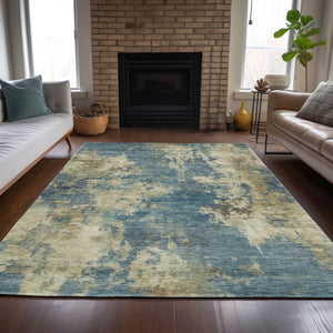 HomeRoots 5' Blue and Beige Abstract Area Rug - Stylish, Washable, Indoor/Outdoor, Durable Design for Any Space 8' X 10' 630678