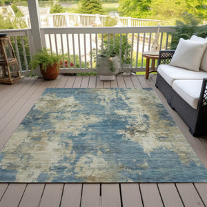 HomeRoots 5' Blue and Beige Abstract Area Rug - Stylish, Washable, Indoor/Outdoor, Durable Design for Any Space 8' X 10' 630678