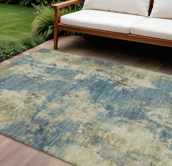 HomeRoots 5' Blue and Beige Abstract Area Rug - Stylish, Washable, Indoor/Outdoor, Durable Design for Any Space 9' X 12' 630679