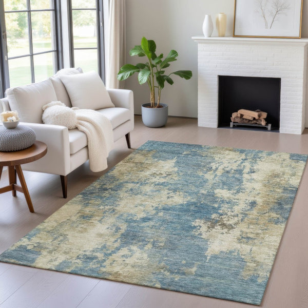 HomeRoots 5' Blue and Beige Abstract Area Rug - Stylish, Washable, Indoor/Outdoor, Durable Design for Any Space 9' X 12' 630679