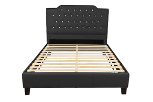 English Elm Black Faux Leather Queen Bedframe with Arched Diamond Tufted Headboard, Modern Upholstered Elegance B011S02007