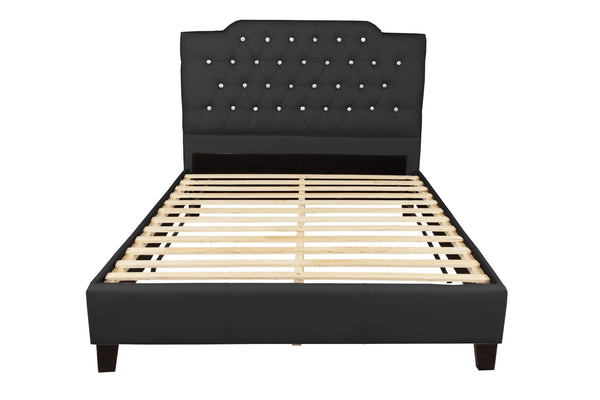 English Elm Black Faux Leather Queen Bedframe with Arched Diamond Tufted Headboard, Modern Upholstered Elegance B011S02007