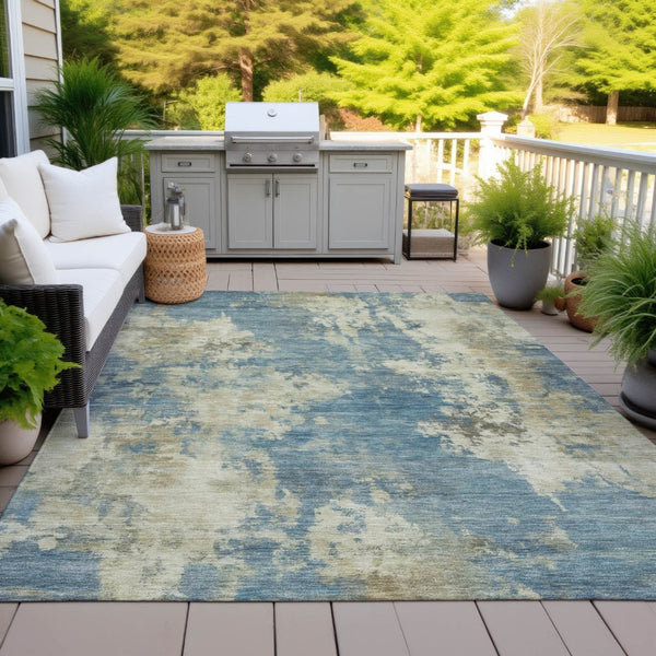 HomeRoots 5' Blue and Beige Abstract Area Rug - Stylish, Washable, Indoor/Outdoor, Durable Design for Any Space 10' X 14' 630680