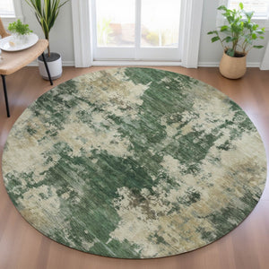 HomeRoots 5' Enhance Your Space with a Fern Green and Beige Abstract Washable Area Rug for Indoor & Outdoor Use 8' Round 630683