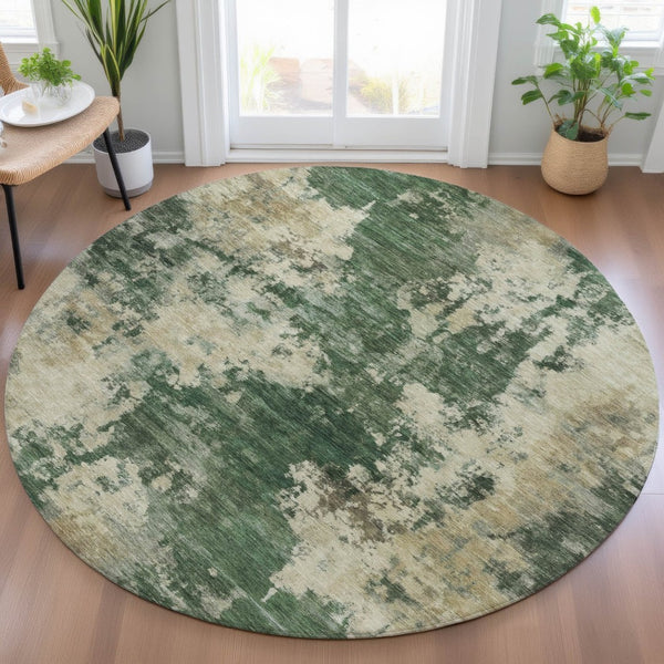 HomeRoots 5' Enhance Your Space with a Fern Green and Beige Abstract Washable Area Rug for Indoor & Outdoor Use 8' Round 630683