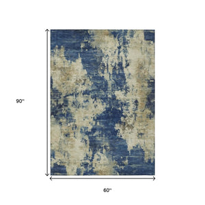 HomeRoots 5' Abstract Navy Blue and Beige Area Rug - Durable, Washable for Indoor and Outdoor Use, Stylish Design 5' X 8' 630694