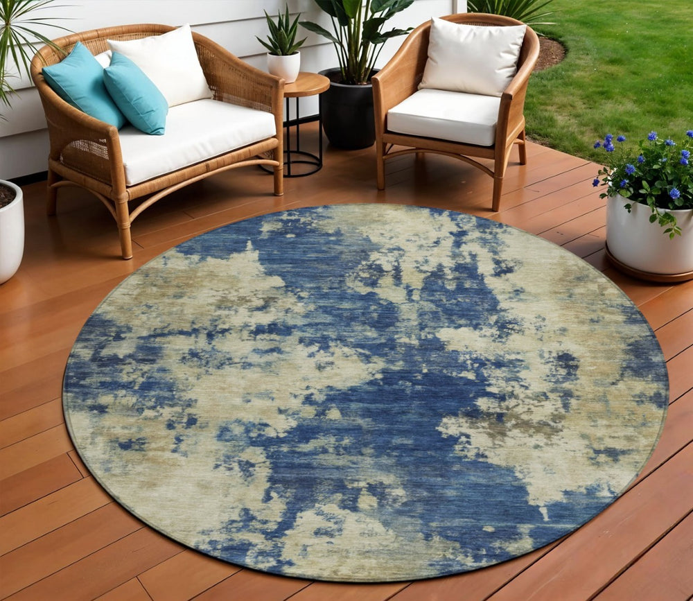 HomeRoots 5' Abstract Navy Blue and Beige Area Rug - Durable, Washable for Indoor and Outdoor Use, Stylish Design 8' Round 630695