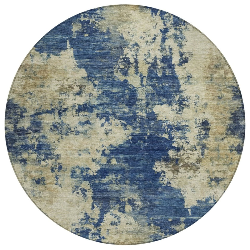 HomeRoots 5' Abstract Navy Blue and Beige Area Rug - Durable, Washable for Indoor and Outdoor Use, Stylish Design 8' Round 630695