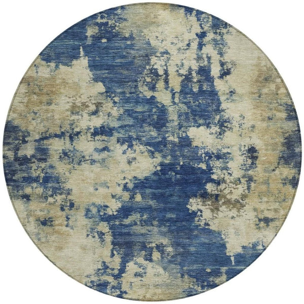 HomeRoots 5' Abstract Navy Blue and Beige Area Rug - Durable, Washable for Indoor and Outdoor Use, Stylish Design 8' Round 630695